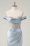 Dusty Blue Mermaid Corset Off The Shoulder Long Formal Dress With Slit
