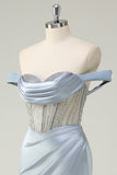 Dusty Blue Mermaid Corset Off The Shoulder Long Formal Dress With Slit