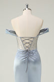 Dusty Blue Mermaid Corset Off The Shoulder Long Formal Dress With Slit