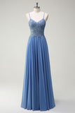 A Line Spaghetti Straps Pleated Long Formal Dress with Appliques