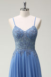 A Line Spaghetti Straps Pleated Long Formal Dress with Appliques