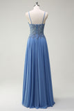 A Line Spaghetti Straps Pleated Long Formal Dress with Appliques