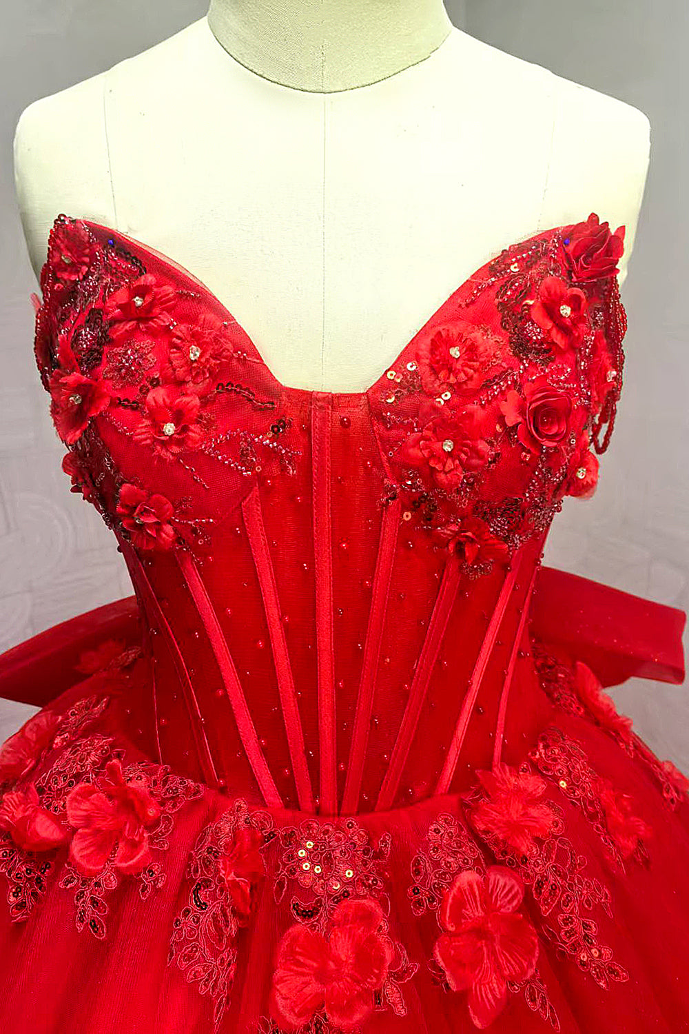 Glitter Sweetheart Tulle Appliqued Red Quinceanera Dress with Train