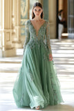 Zapaka Women Sage Tulle Long Prom Dress with Appliques A-Line V-Neck Formal Dress with Long Sleeves