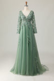 Sage V-Neck A-Line Appliqued Long Sleeves Prom Dress