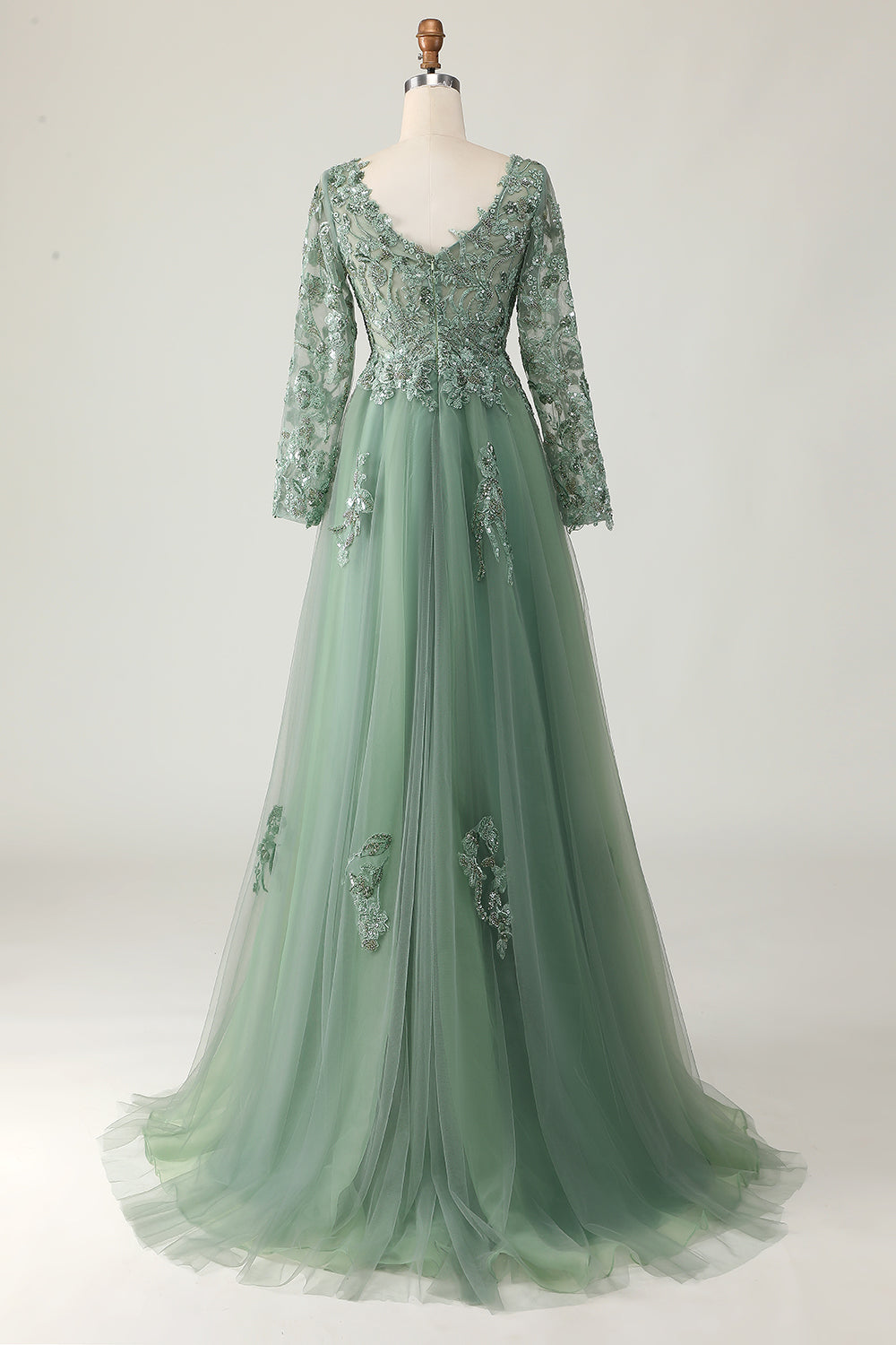 Sage V-Neck Appliqued A-Line Long Prom Dress with Long Sleeves