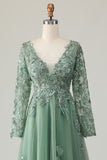 Sage V-Neck A-Line Appliqued Long Sleeves Prom Dress