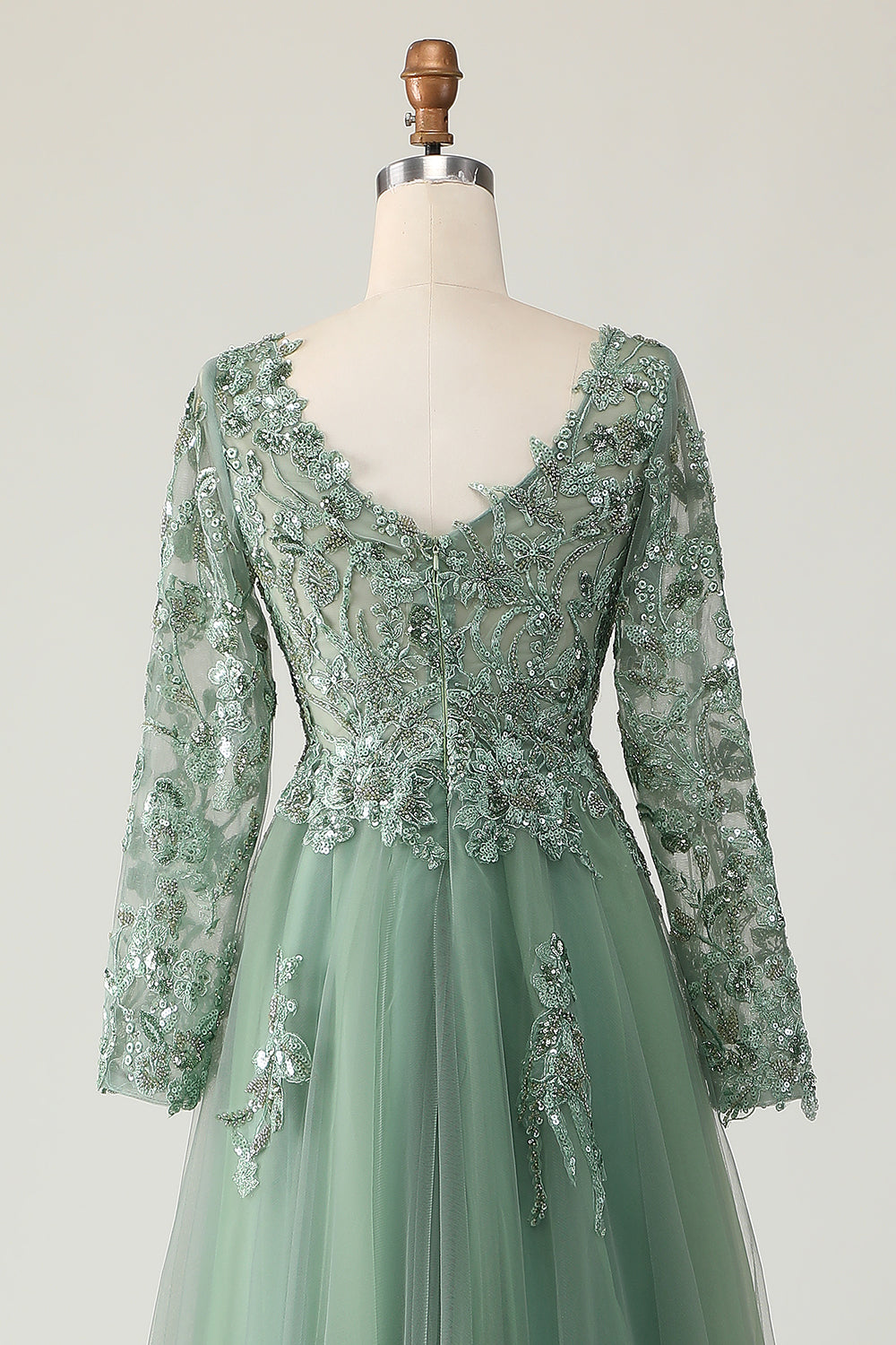 Sage V-Neck A-Line Appliqued Long Sleeves Prom Dress