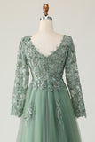 Sage V-Neck A-Line Appliqued Long Sleeves Prom Dress