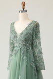 Sage V-Neck A-Line Appliqued Long Sleeves Prom Dress