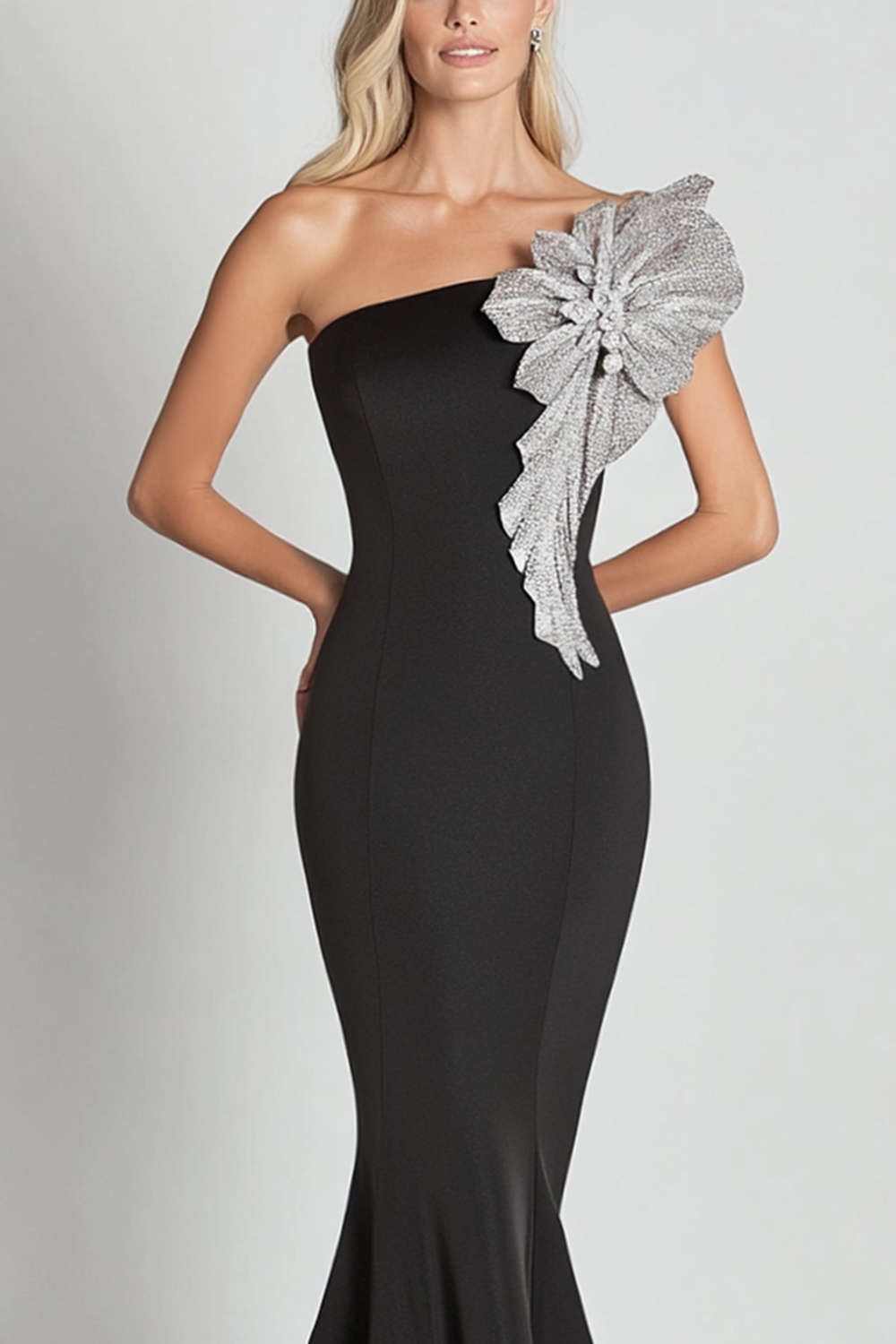 Black Mermaid One Shoulder with Sequin Flower Long Formal Dress - View 1 | Shop Formal Dress