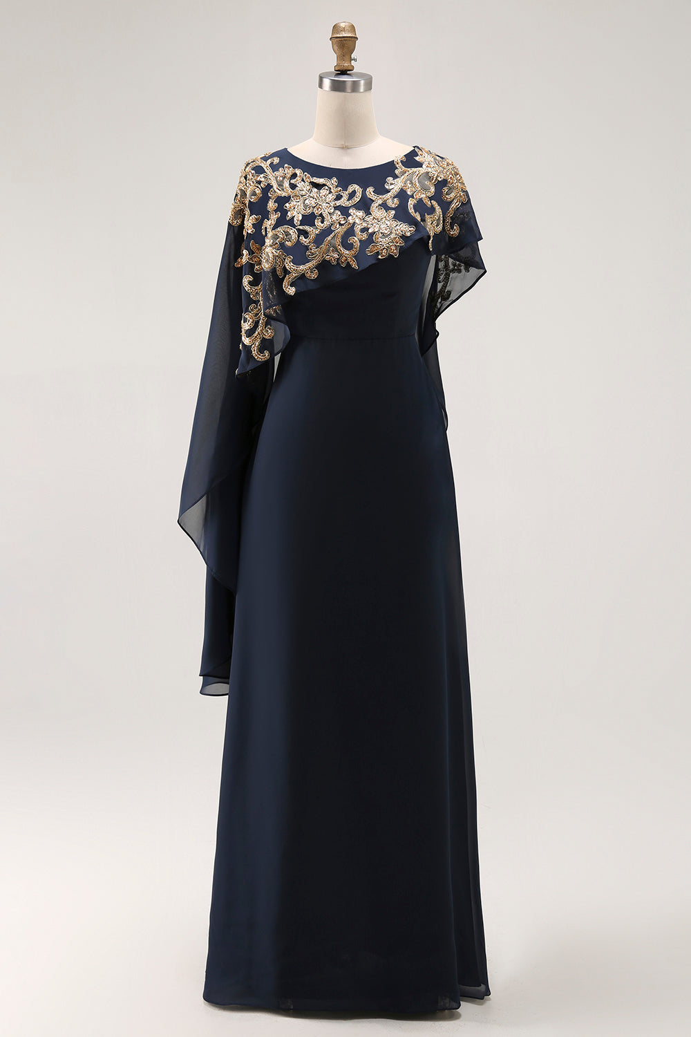 Sparkly Navy Chiffon Mother of Bride Dress with Cape