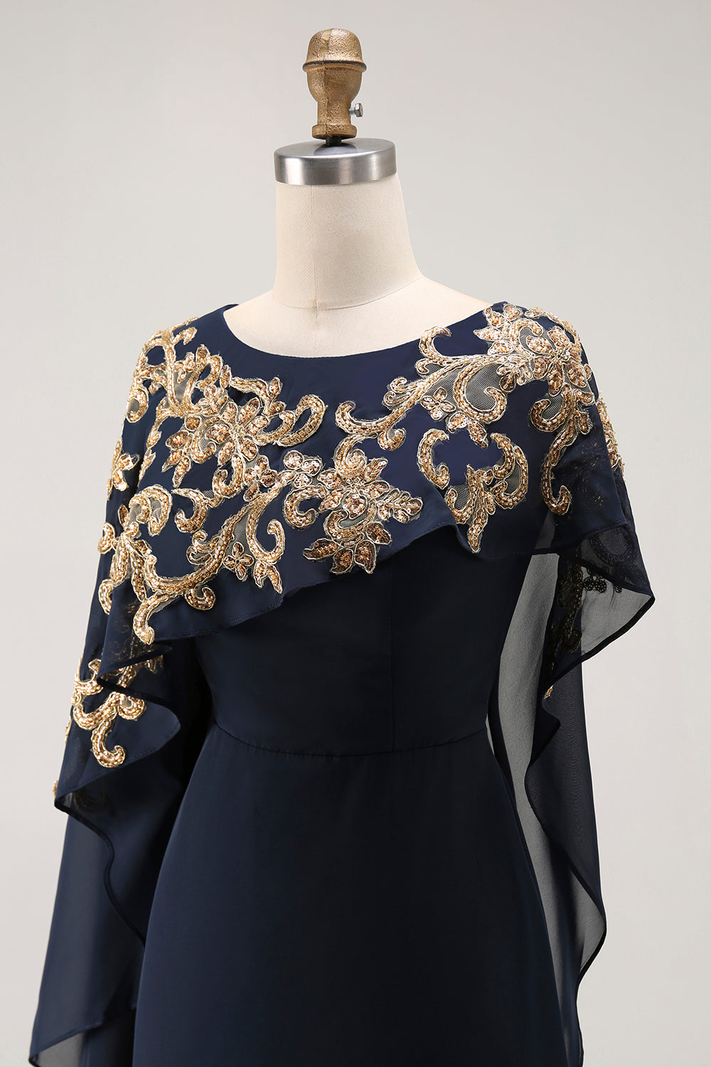 Sparkly Navy Chiffon Mother of Bride Dress with Cape