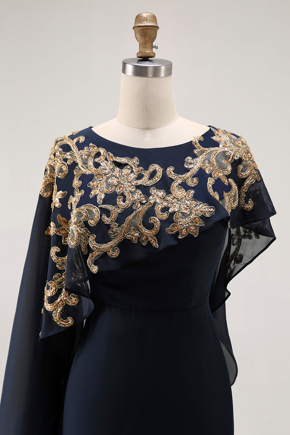 Sparkly Navy Chiffon Mother of Bride Dress with Cape
