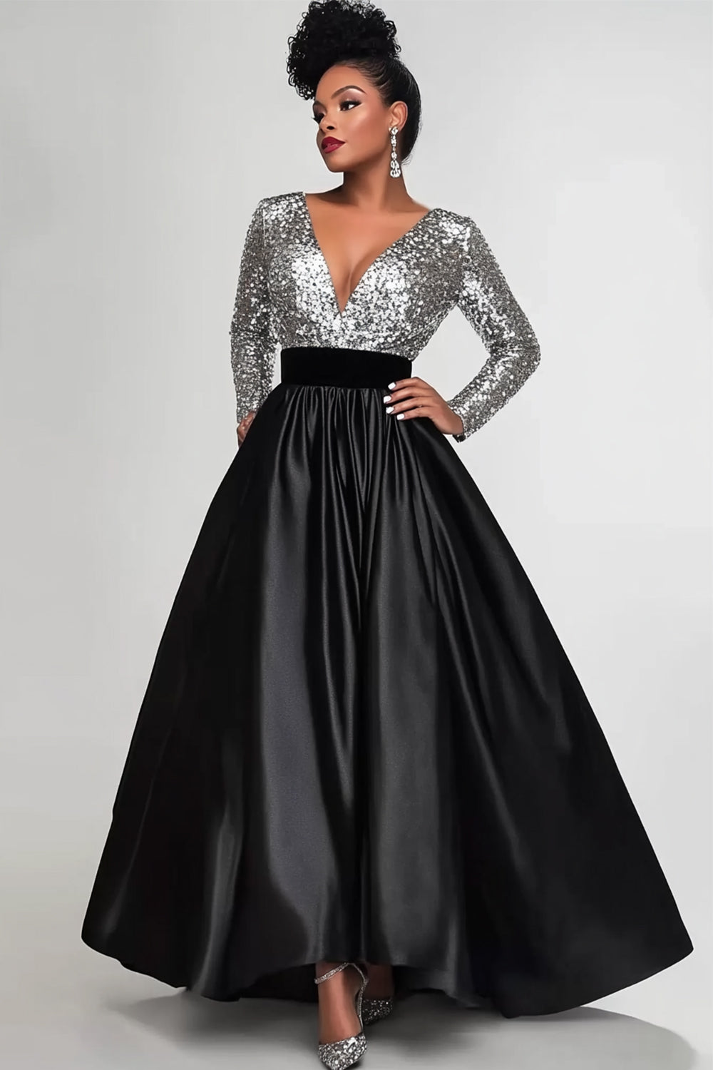 ZAPAKA Women Sparkly Black Silver Sequins Satin Long Mother of the Bride Dress A-Line Long Sleeves Deep V-Neck Wedding Guest Dress