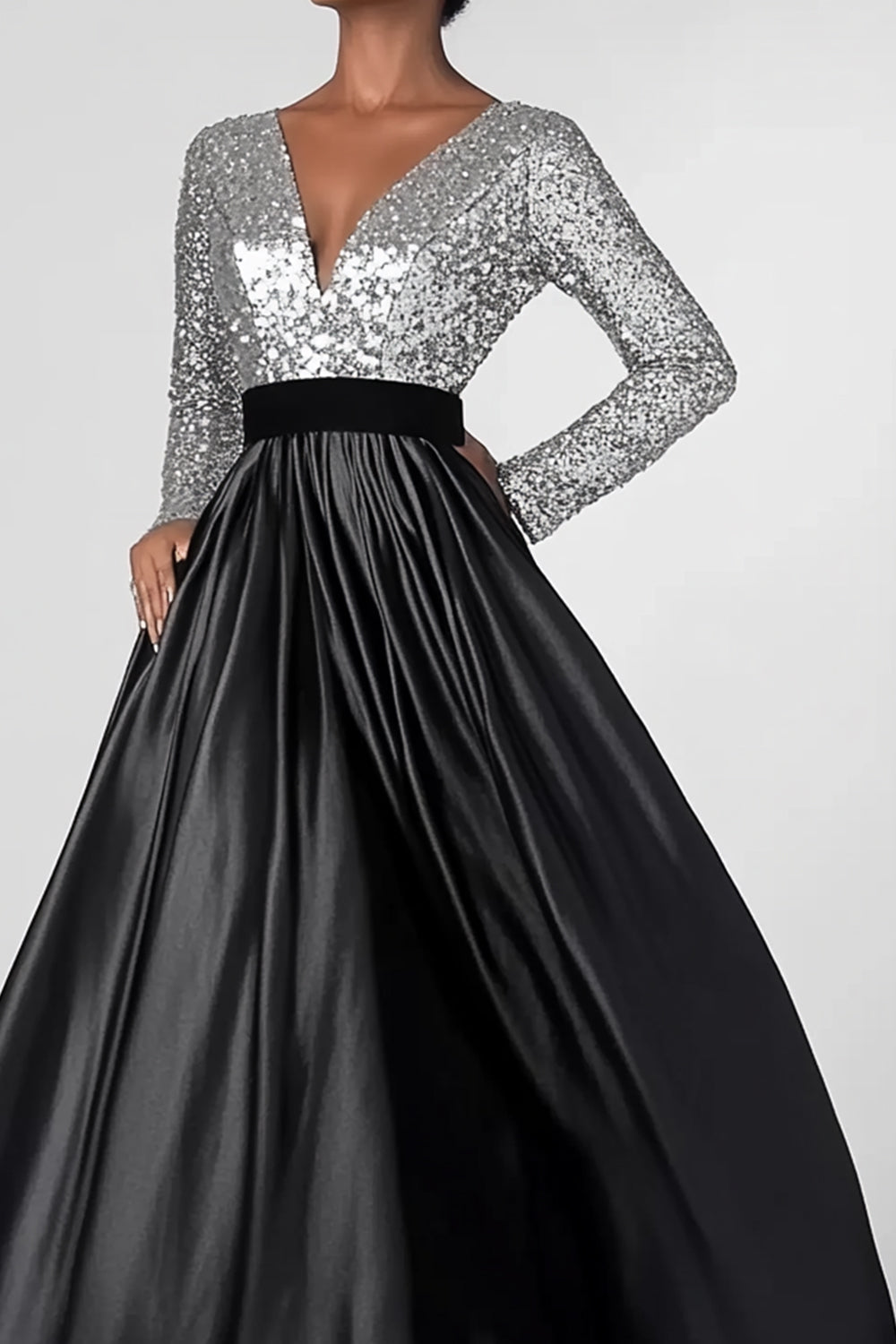 Sparkly Black Silver A-Line Long Sleeves Sequins Mother of the Bride Dress