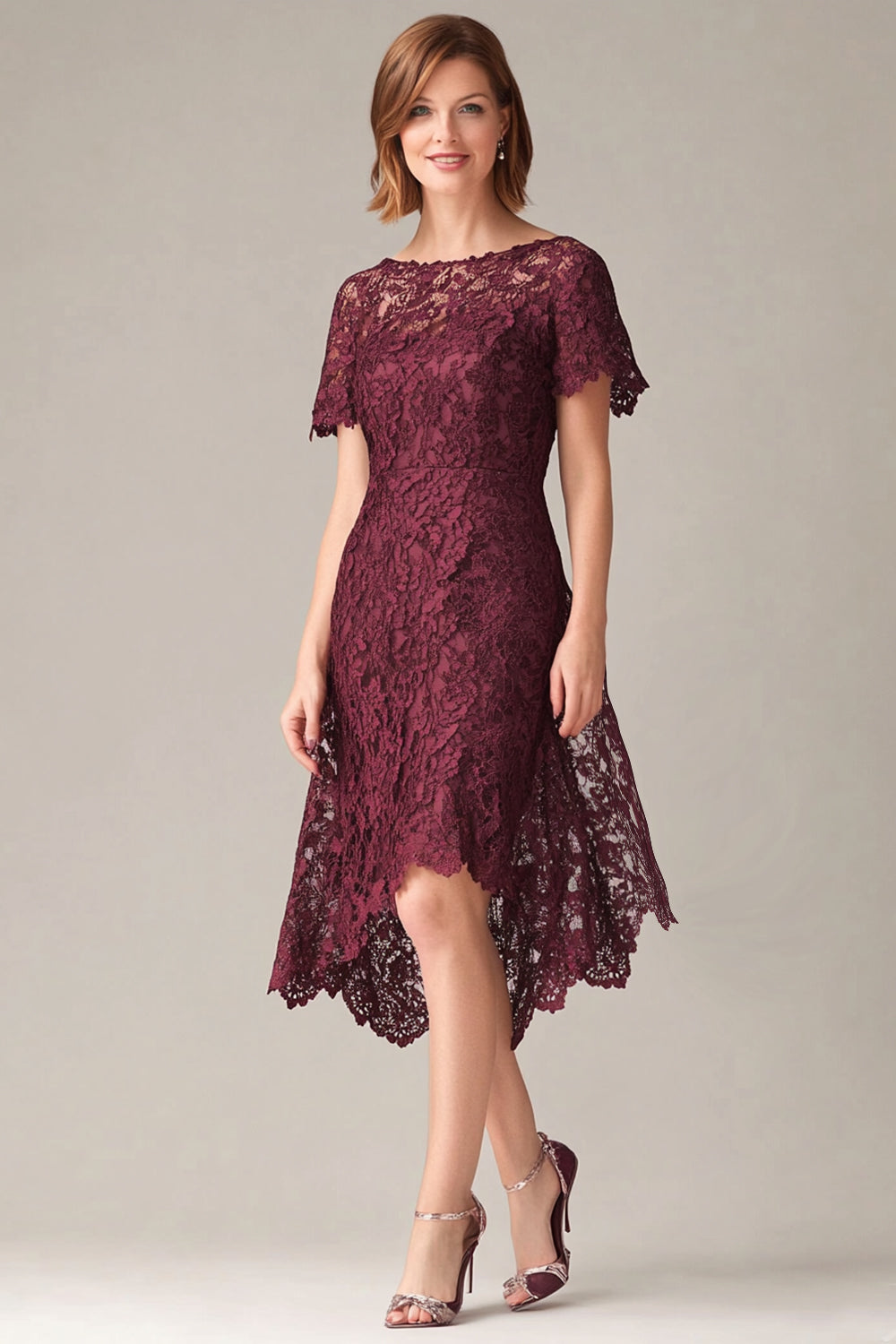 ZAPAKA Women Burgundy Lace Midi Mother of the Bride Dress Boat Neck Sheath Short Sleeves Wedding Guest Dress