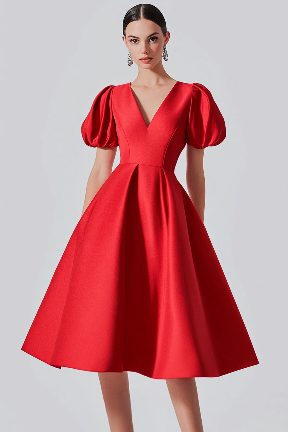 Red A Line Satin Formal Dress with Puff Sleeves - View 3 | Shop Formal Dress