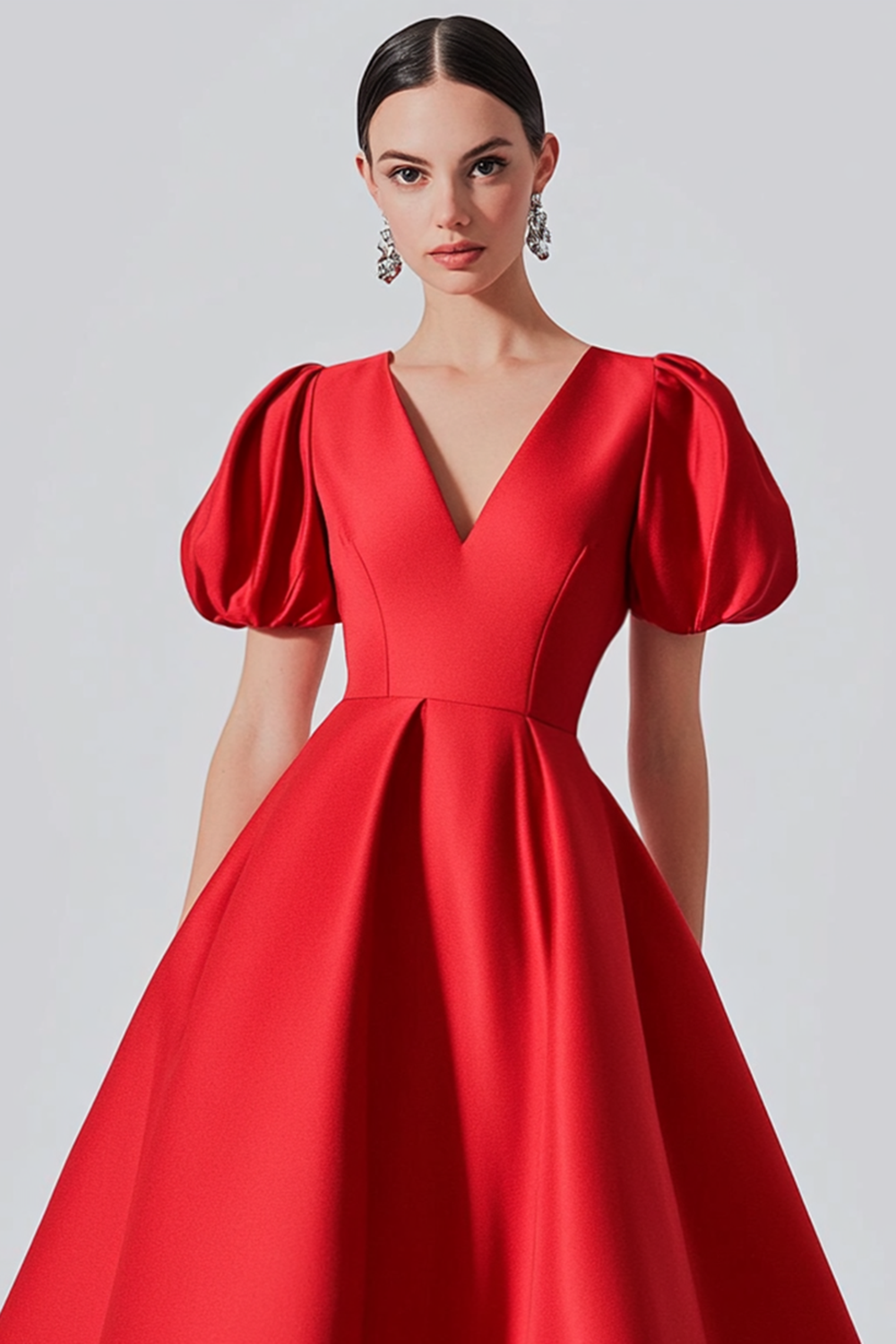 Red A Line Satin Formal Dress with Puff Sleeves - View 4 | Shop Formal Dress