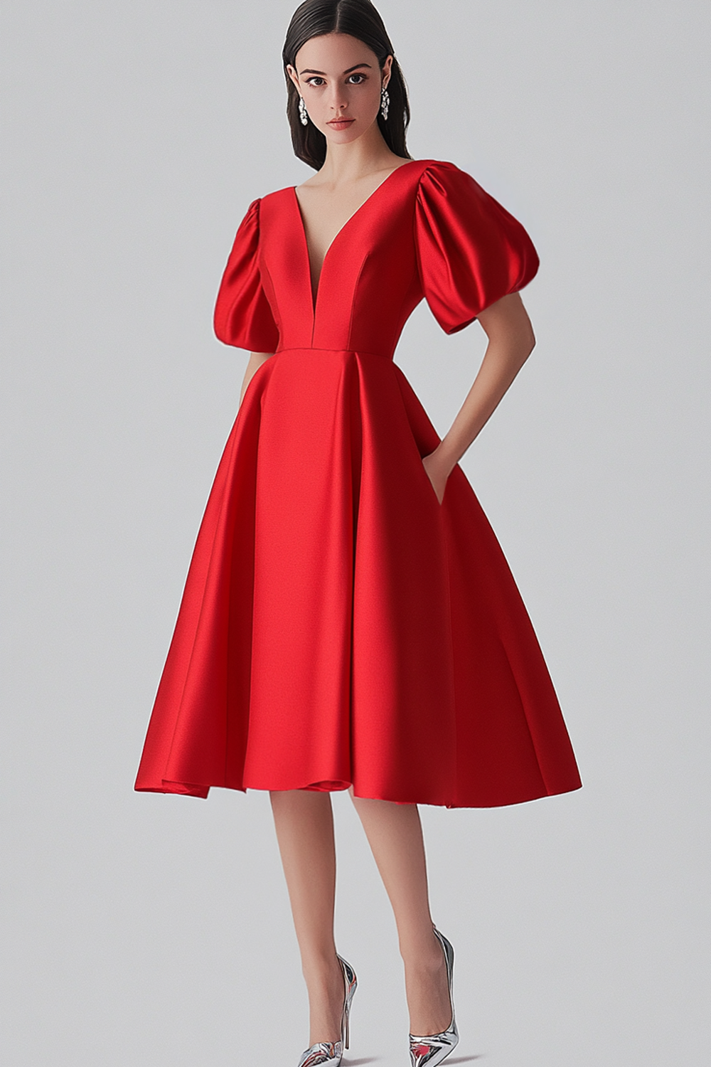 Red A Line Satin Formal Dress with Puff Sleeves - View 1 | Shop Formal Dress