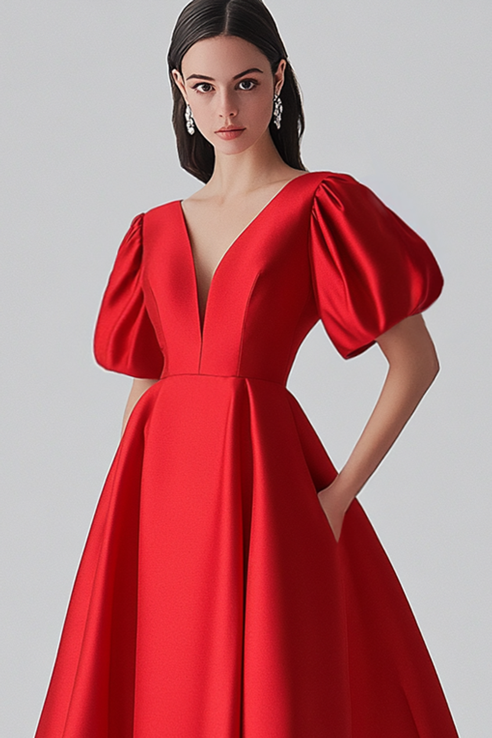 Red A Line Satin Formal Dress with Puff Sleeves - View 5 | Shop Formal Dress