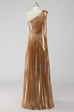 Golden Metallic Satin One Shoulder A-Line Formal Dress