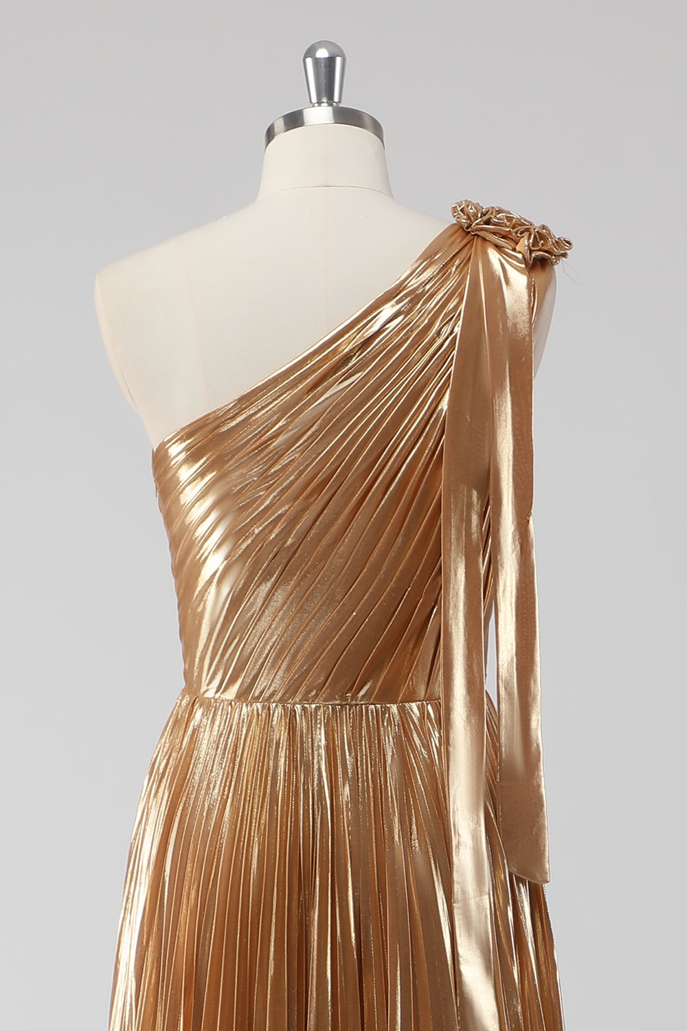Golden Metallic Satin One Shoulder A-Line Formal Dress