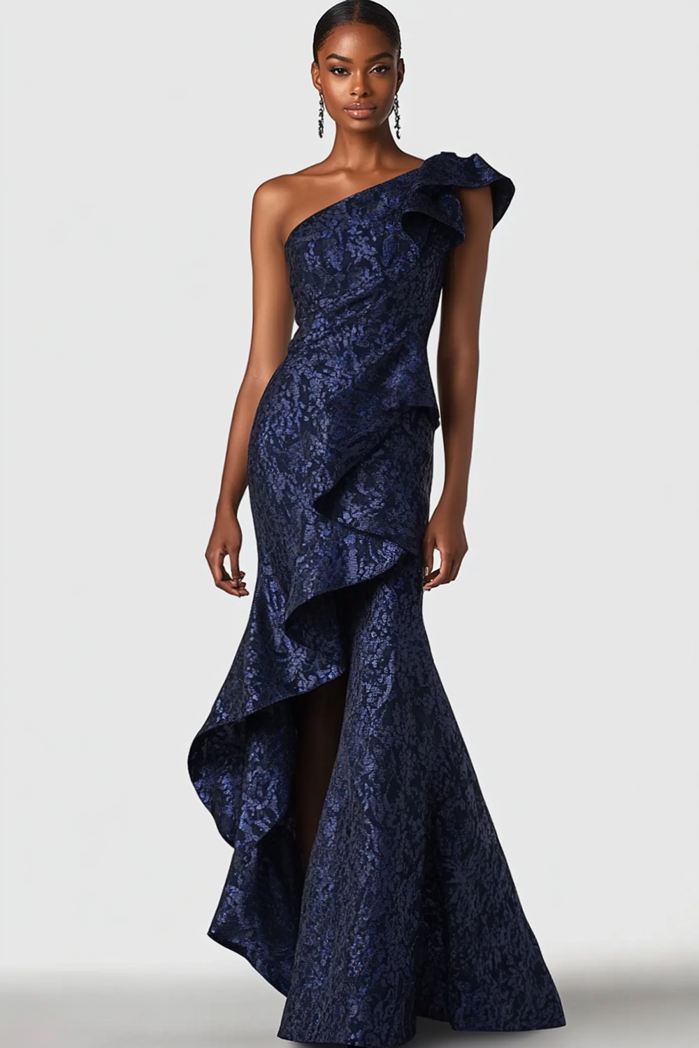 Zapaka Women Navy Floral Long Formal Dress Ruffled One Shoulder Mermaid Gala Dress with Slit