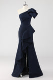 Navy One Shoulder Ruffled Mermaid Formal Dress