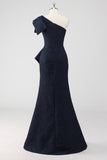 Navy One Shoulder Ruffled Mermaid Formal Dress