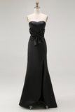 Strapless Mermaid Black Long Formal Dress with Slit