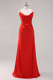 Red Satin Spaghetti Straps Sheath Lace Up Back Long Formal Dress