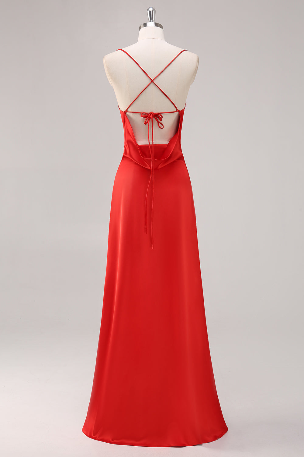 Red Satin Spaghetti Straps Sheath Lace Up Back Long Formal Dress