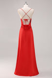 Red Satin Spaghetti Straps Sheath Lace Up Back Long Formal Dress