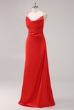 Red Satin Spaghetti Straps Sheath Lace Up Back Long Formal Dress
