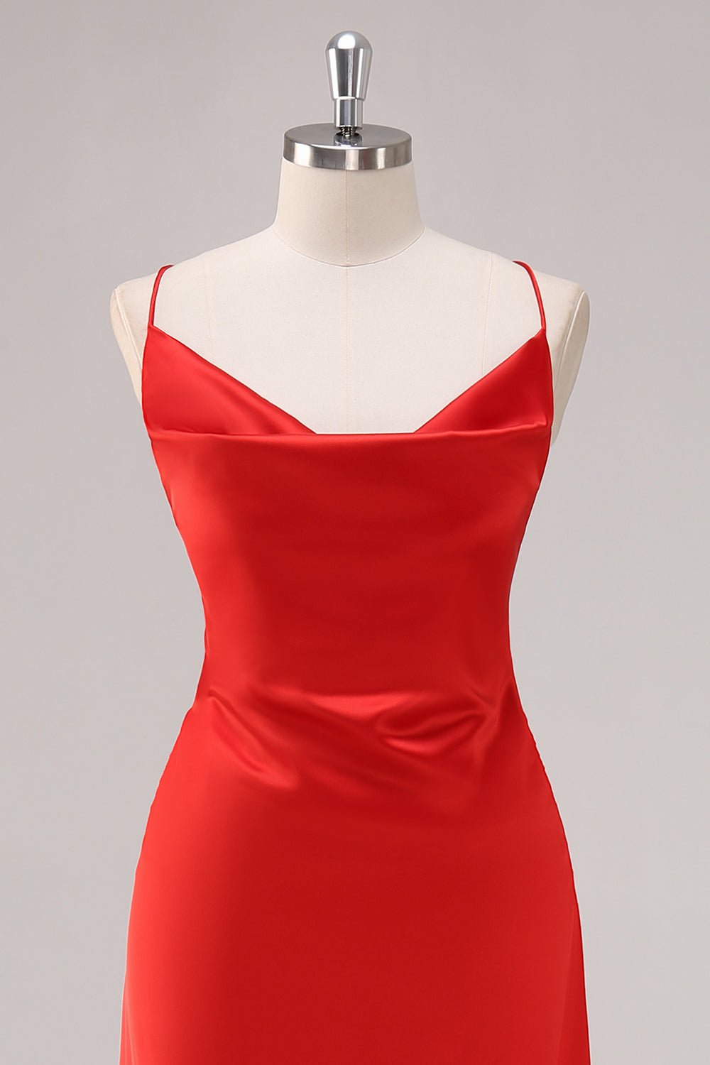 Red Satin Spaghetti Straps Sheath Lace Up Back Long Formal Dress
