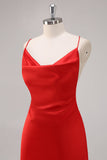 Red Satin Spaghetti Straps Sheath Lace Up Back Long Formal Dress