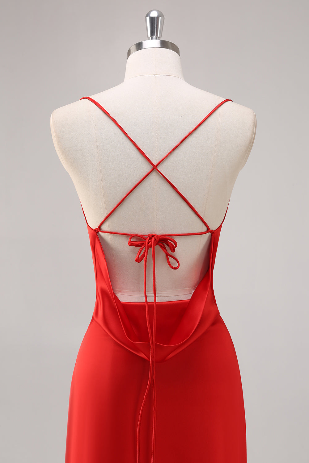 Red Satin Spaghetti Straps Sheath Lace Up Back Long Formal Dress