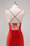 Red Satin Spaghetti Straps Sheath Lace Up Back Long Formal Dress