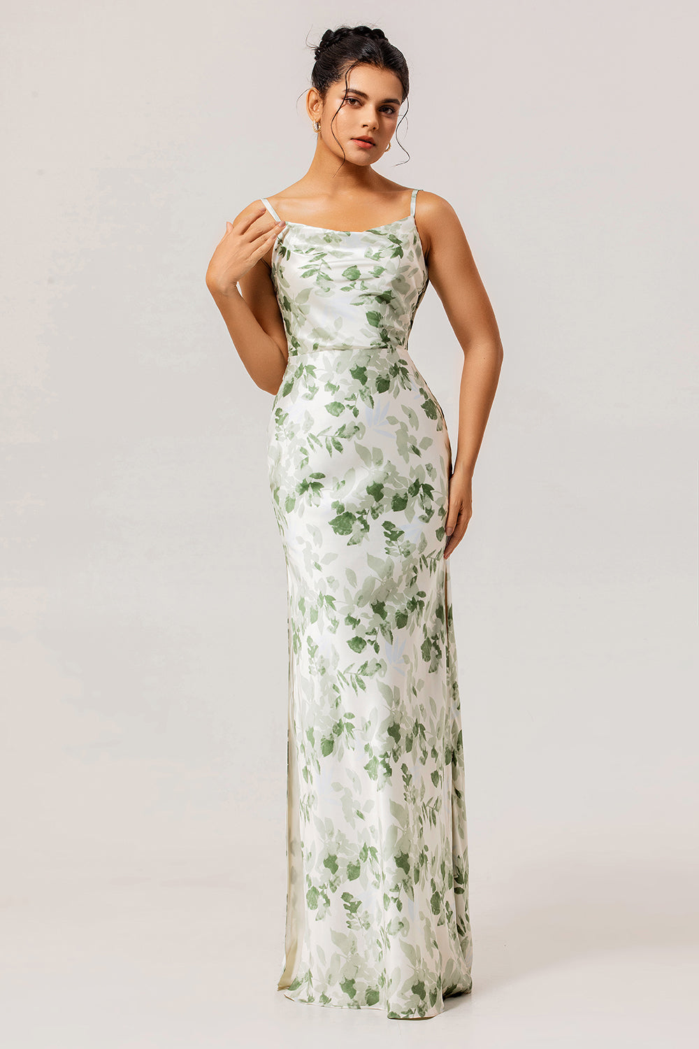Green Floral Sheath Cowl Neck Bridesmaid Dress with Slit