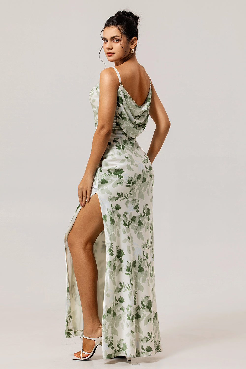 Green Floral Sheath Cowl Neck Bridesmaid Dress with Slit