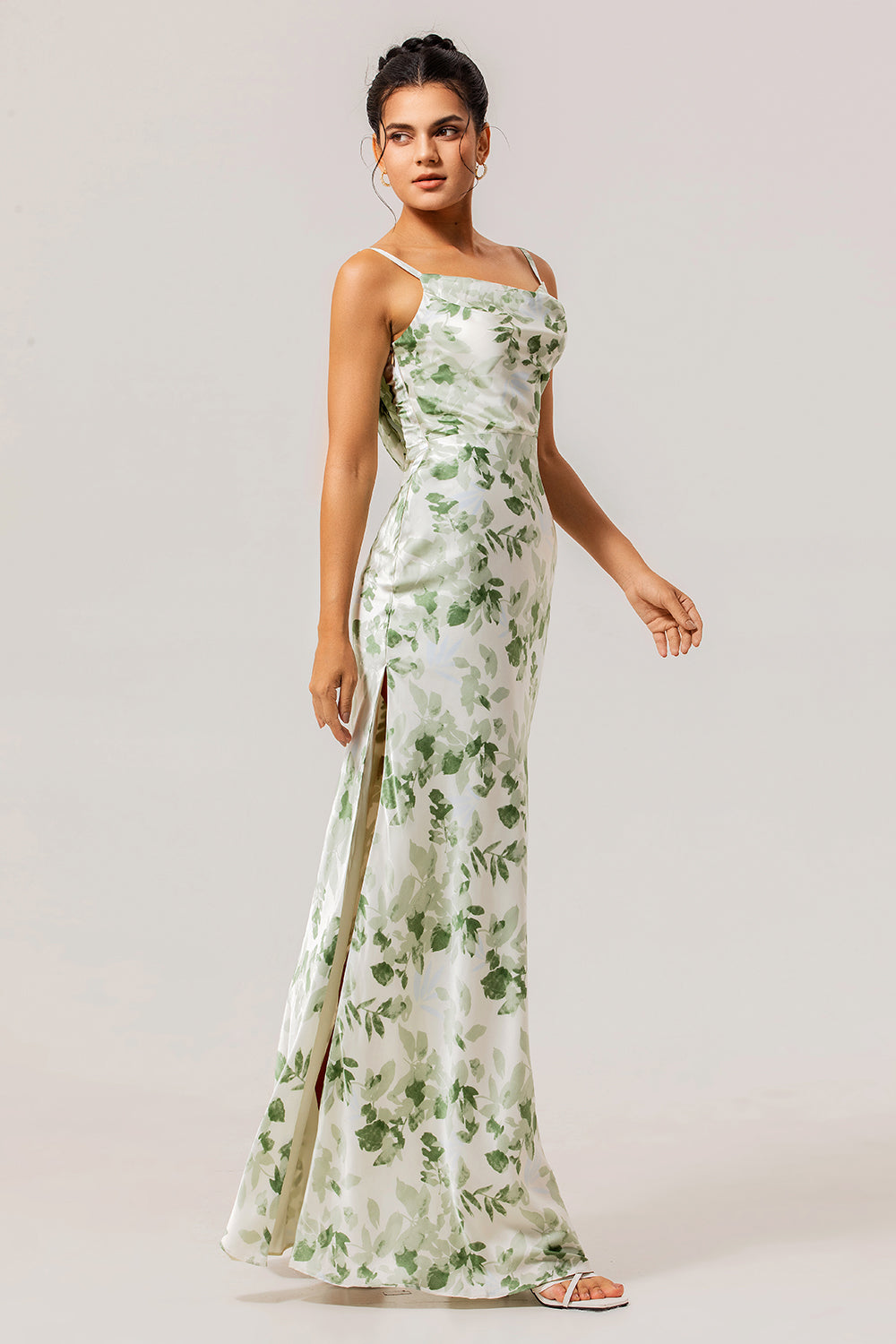 Green Floral Sheath Cowl Neck Bridesmaid Dress with Slit