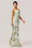 Green Floral Sheath Cowl Neck Bridesmaid Dress with Slit