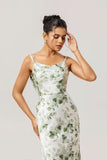 Green Floral Sheath Cowl Neck Bridesmaid Dress with Slit