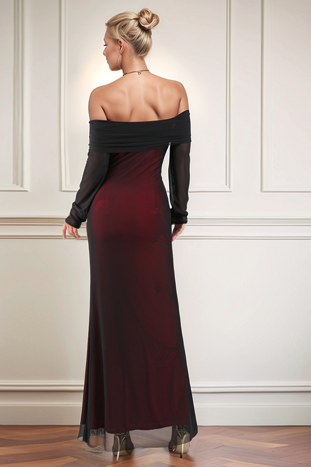 Black Red Off the Shoulder Sheath Long Formal Dress