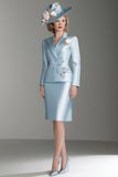 Blue Satin V-Neck Long Sleeves 2 pieces Mother Of The Bride Dress