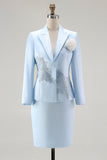 Blue Satin V-Neck Long Sleeves 2 pieces Mother Of The Bride Dress