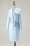 Blue Satin V-Neck Long Sleeves 2 pieces Mother Of The Bride Dress