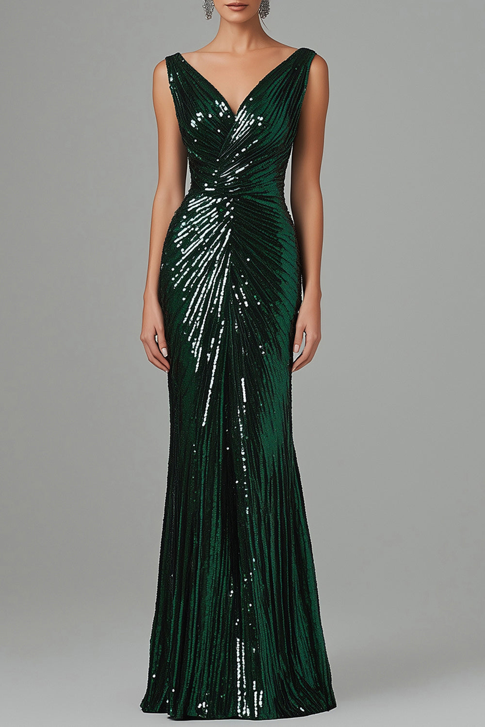 Zapaka Women Sparkly Dark Green Long Formal Dress Mermaid V-Neck Sequins Ruched Evening Dress