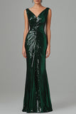 Sparkly Dark Green Mermaid V-Neck Sequins Ruched Long Formal Dress